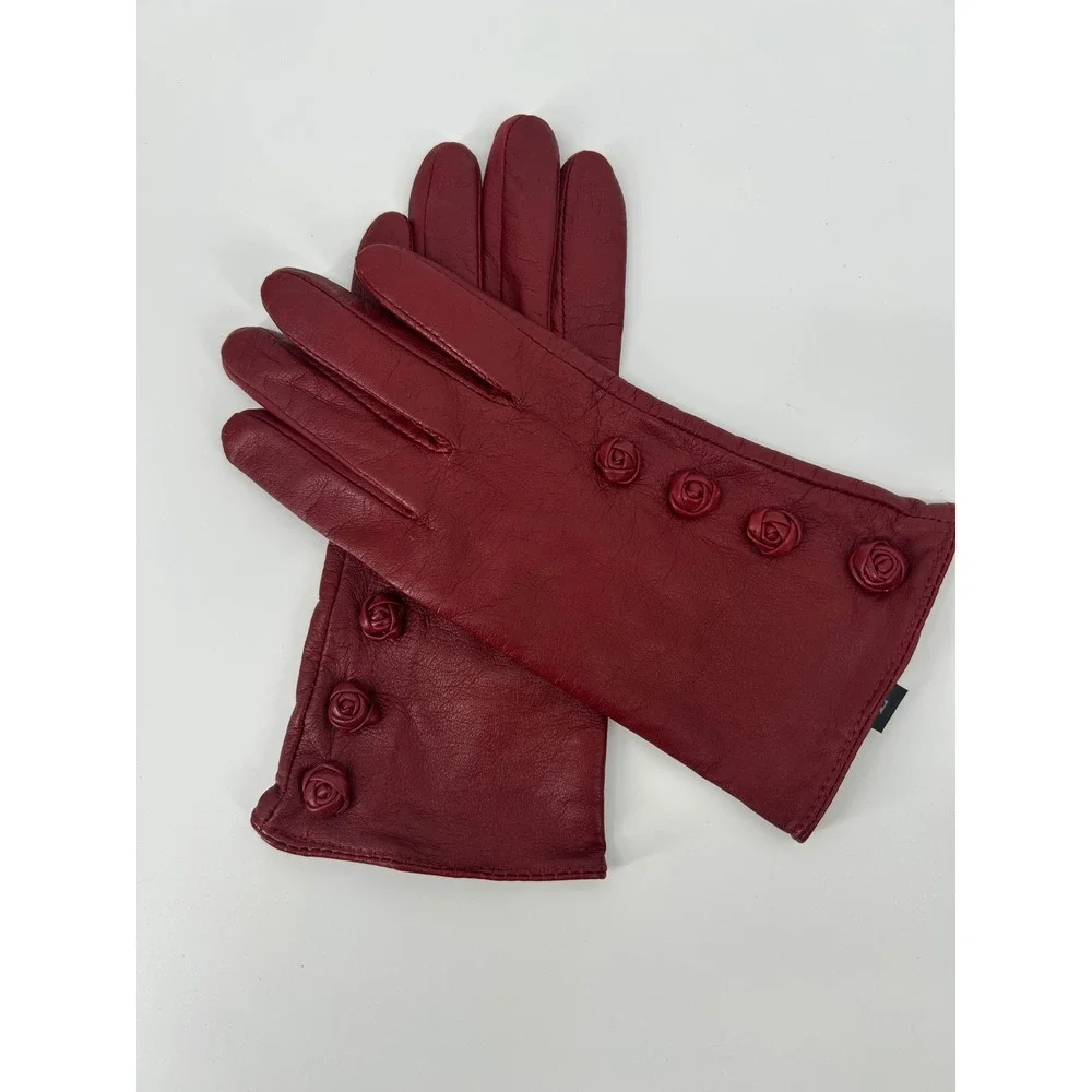 Max Studio Womens Red Genuine Leather Rosette Floral Accent Gloves Size L